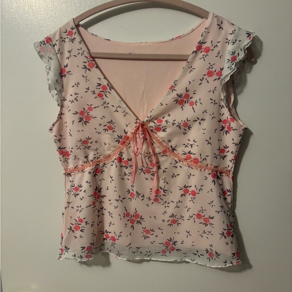 ROMWE Tops - Cottagecore Feminine Festival Rave Light Pink Floral Tie-Front Blouse